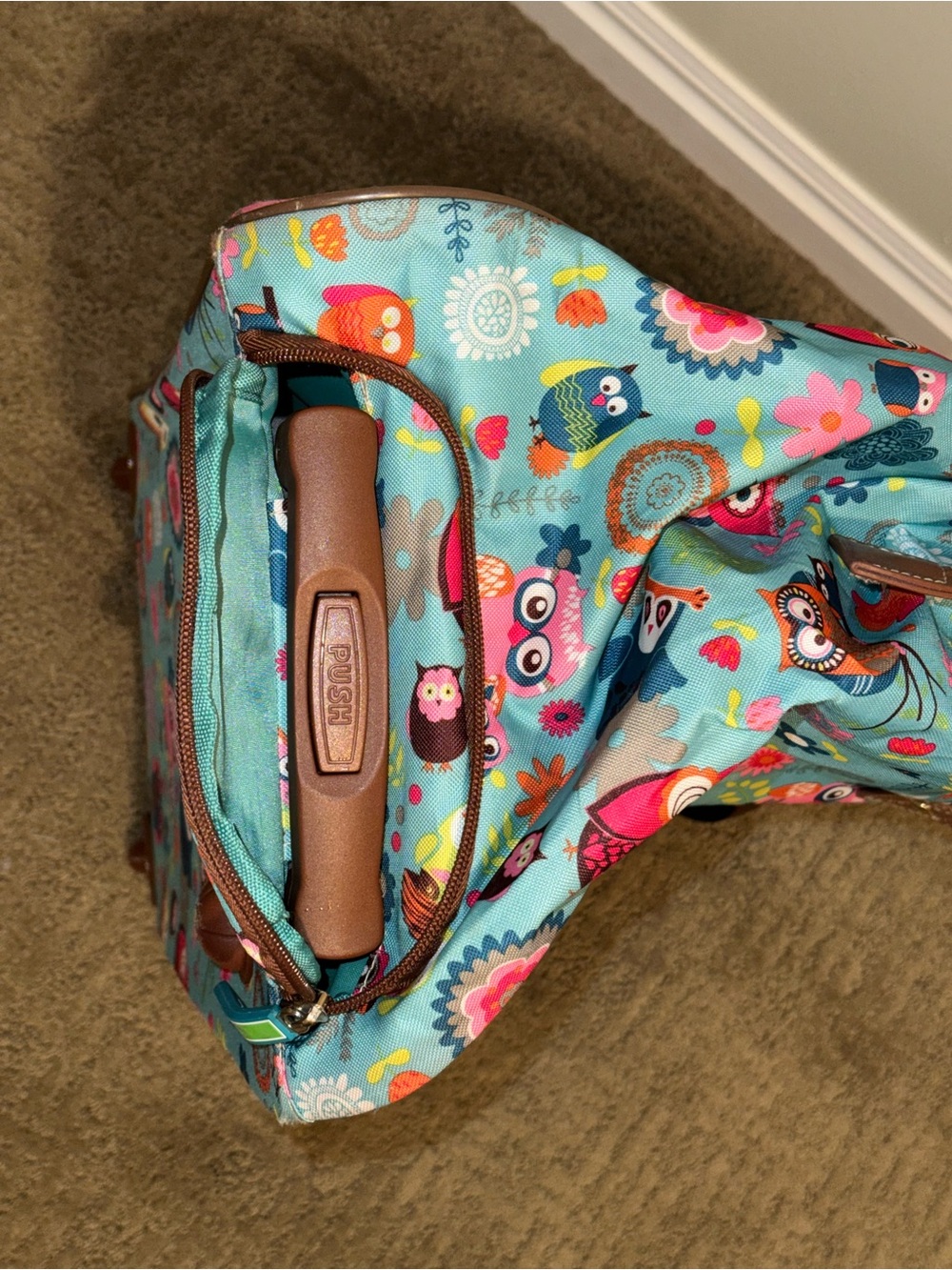 Lily Bloom Owl Rolling Carry On Luggage Bag Weekender Tote Retractable Handle - Picture 7 of 16